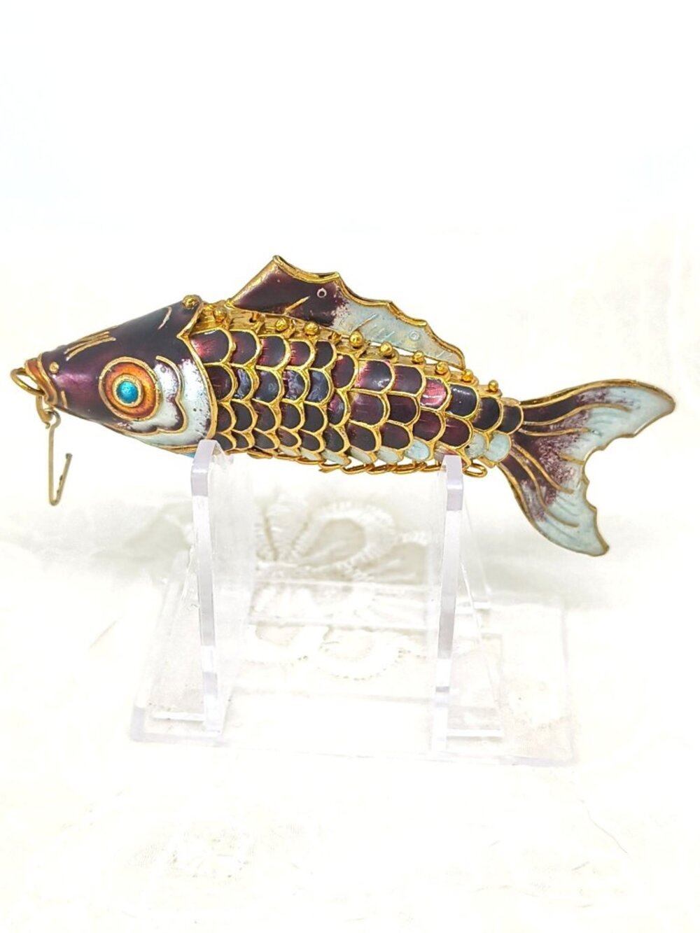 VTG Chinese Gilt Silver & Cloisonne Purple Enamel Fish/Koi Pendant 4"